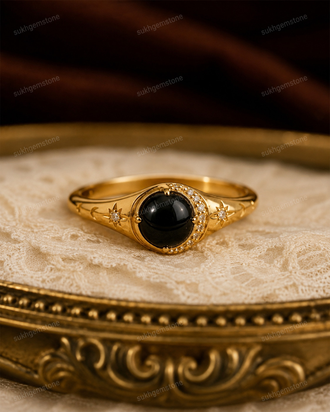 Lab Created Black Hakik Ring, Base Metal: Brass Finish: Gold Plated