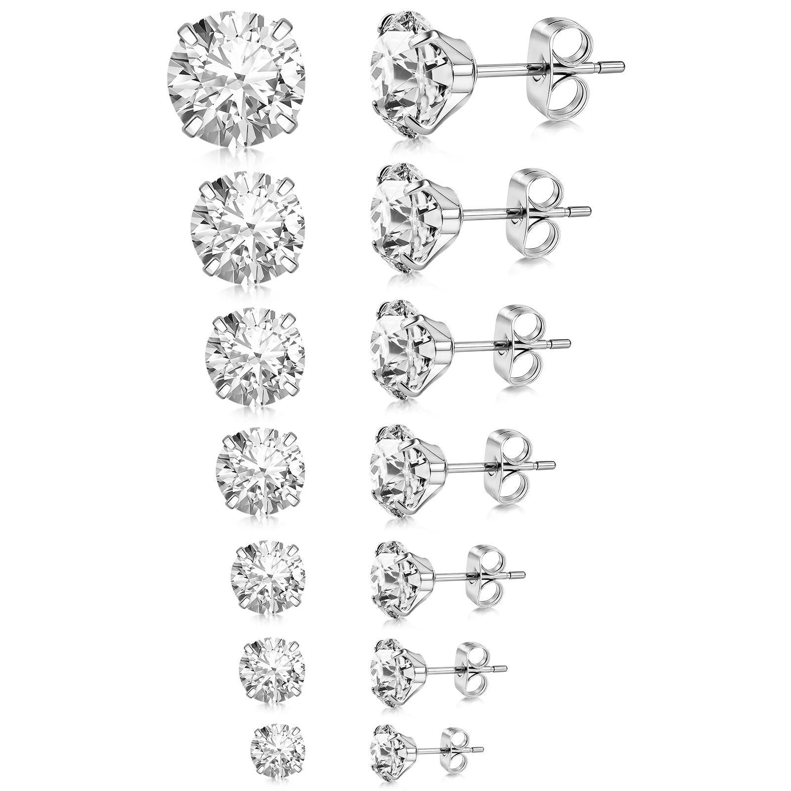 7 Pairs Stainless Steel CZ Stud Earrings Set | 20G posts, 2-8mm CZ studs, 7-p…
