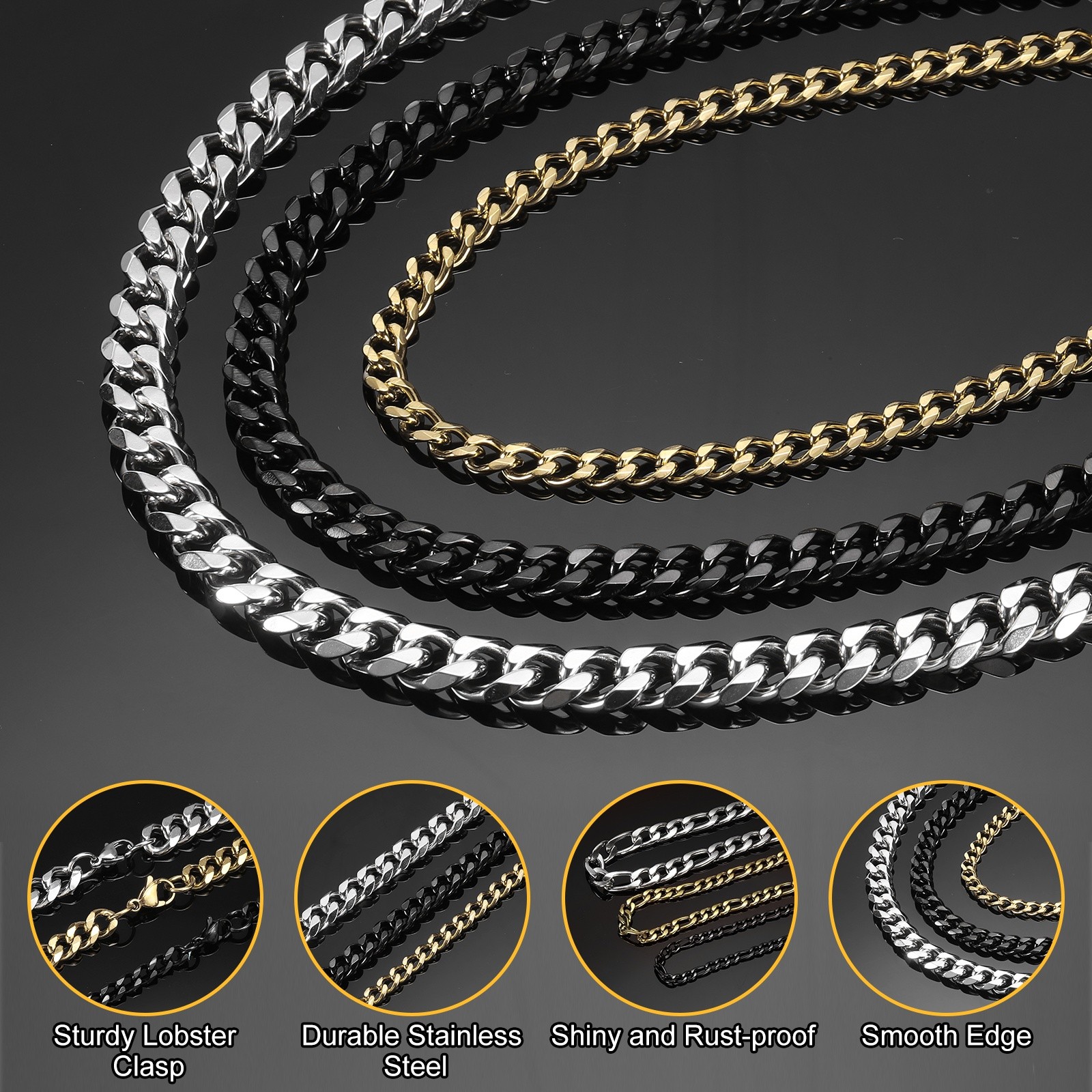 Mens Chains Necklaces 3.5mm 24 Inch Long Stainless Steel Chain Necklace, Black