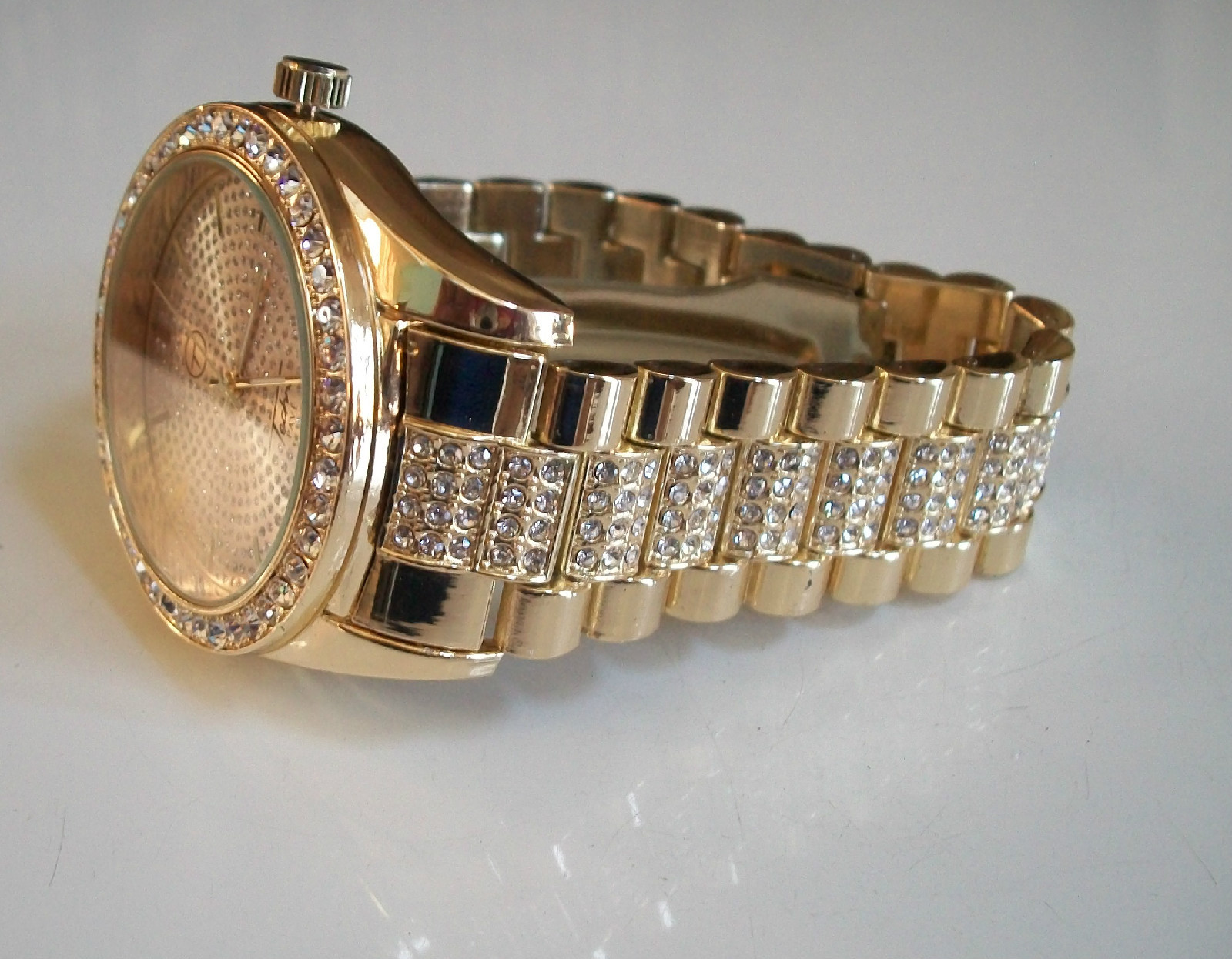 Men’s bling gold finish Techno Pave bracelet dressy party watch (9.5 inches)
