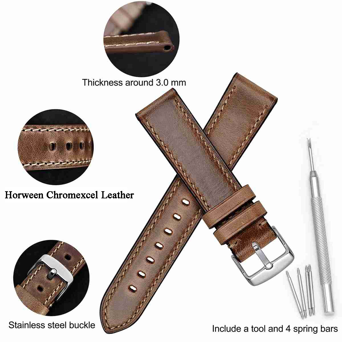 WOCCI Vintage Leather Watch Band 18mm 19mm 20mm 21mm 22mm 23mm 24mm