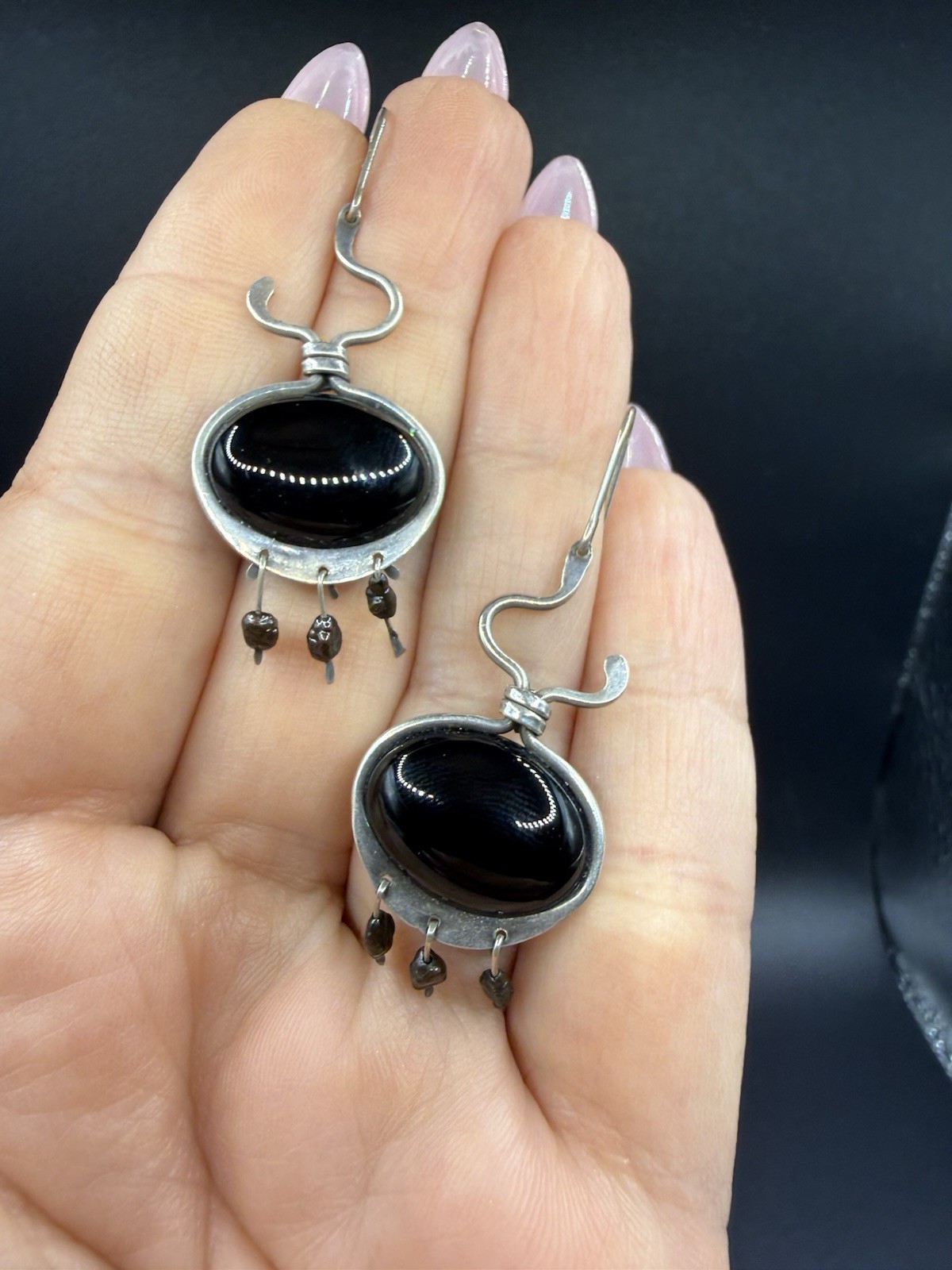 Black Onyx Dangle Ellipse Cabochon Silver Drop Earrings