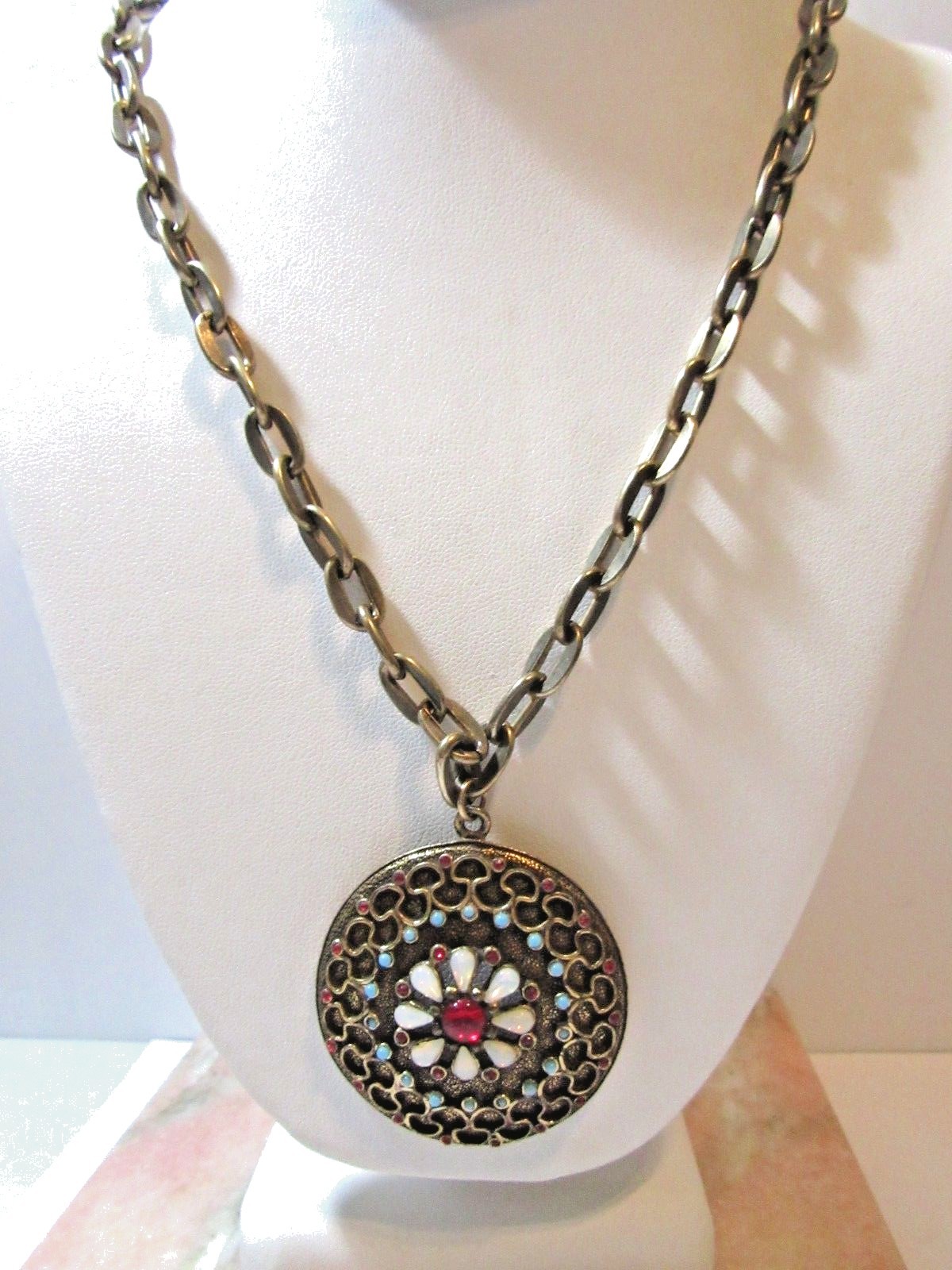 Fancy Pendant w White Blue and Red Stones Bronze Tone Vintage