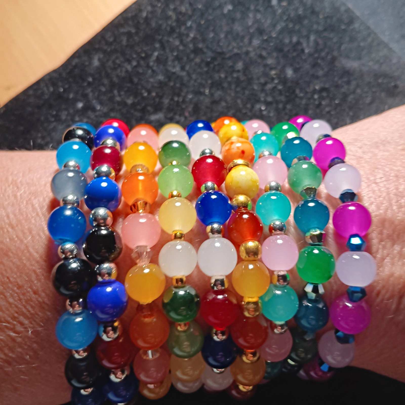 Set of 9 Multicolor Round Glass Bead Stretch Slip-On Stackable Bracelets