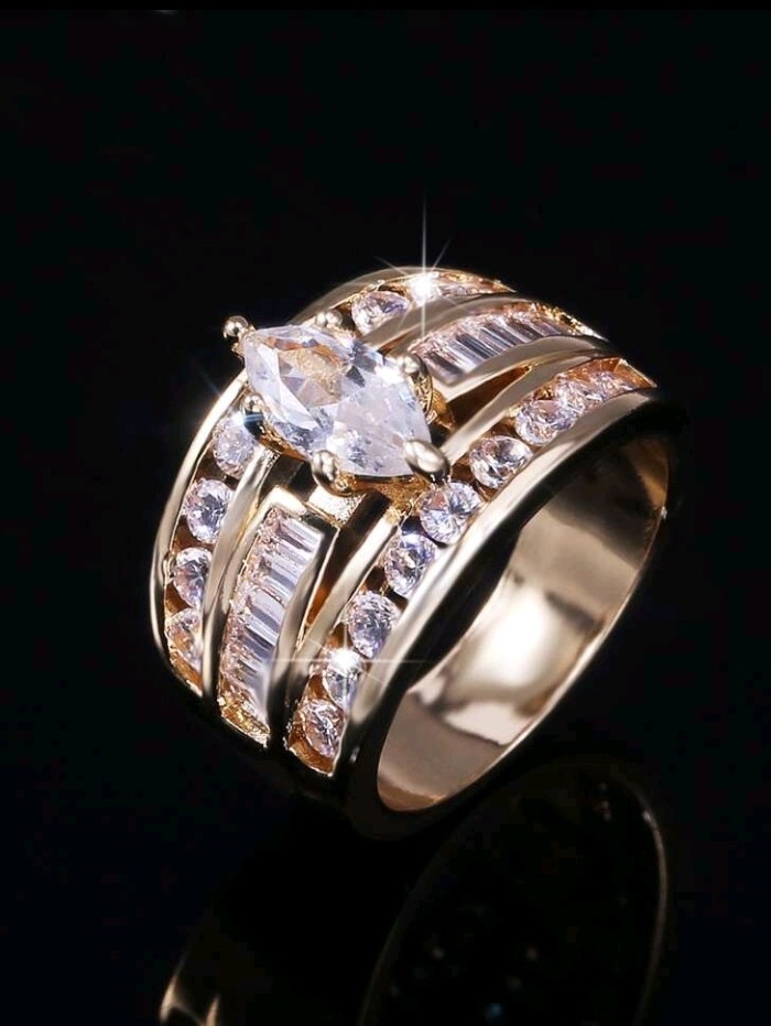 14K Gold-Plated Copper White/Colorless Marquise Ring Size 9 Round and Baguettes