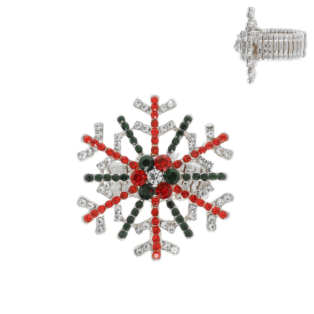 Red Green Clear Crystal Snowflake Ring Stretch 1.5″ Dia New Christmas Silver