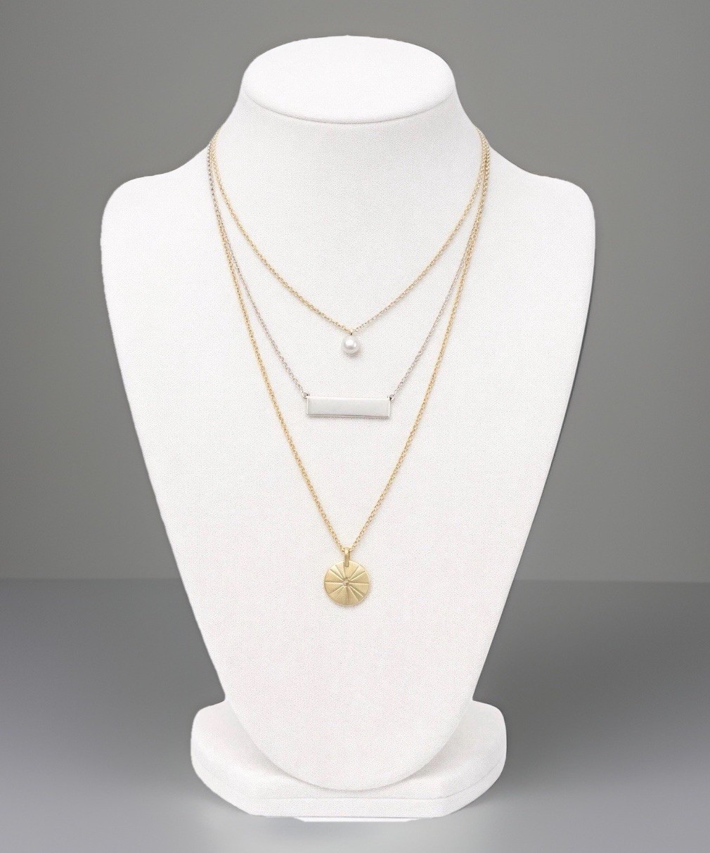 Lucky Brand Layered Necklace Gold Silver Tone Bar Pendant NWT Boho Chic