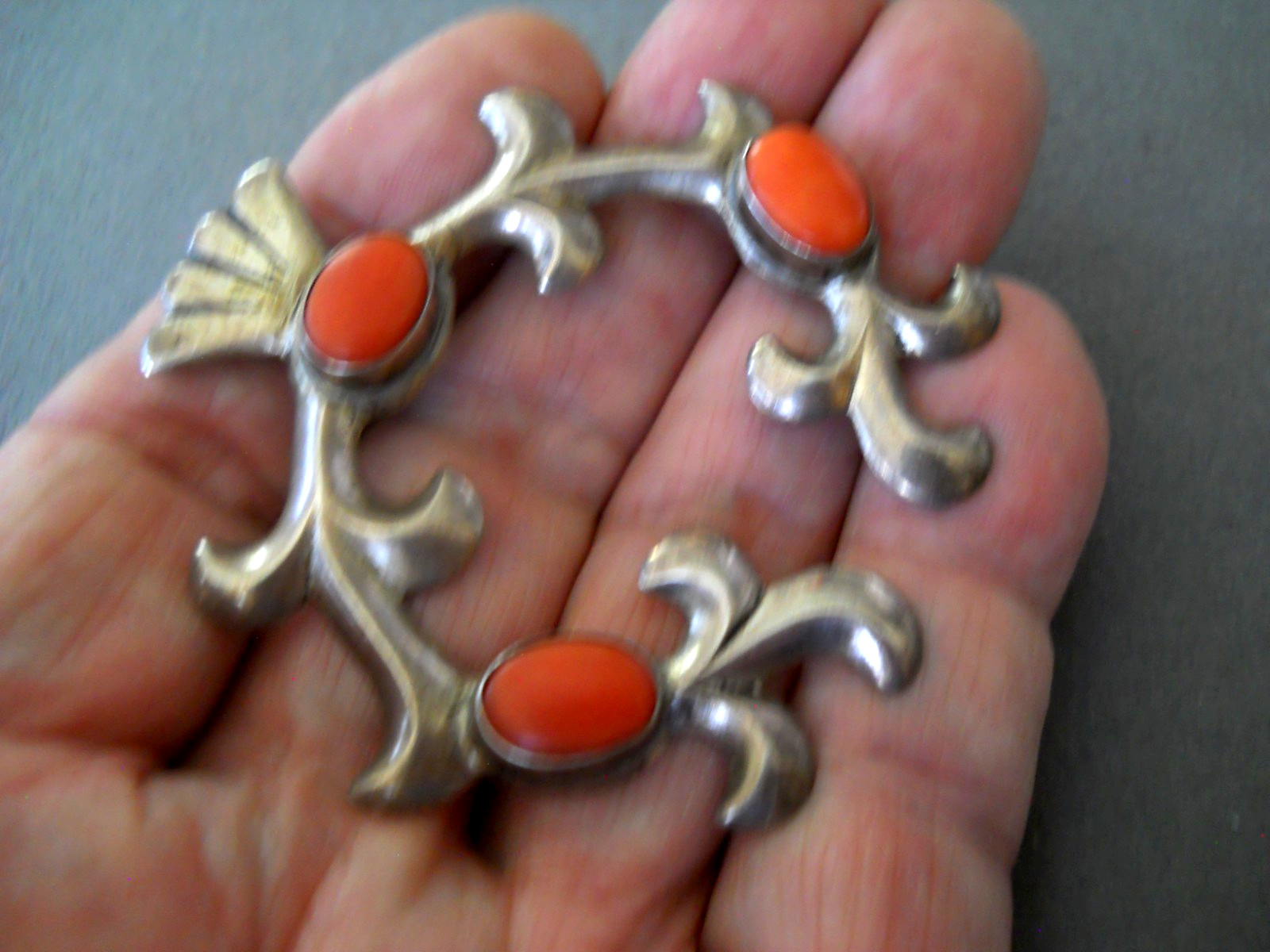 Native American Navajo Coral Sandcast Sterling Silver Naja Squash Pendant 2.4″