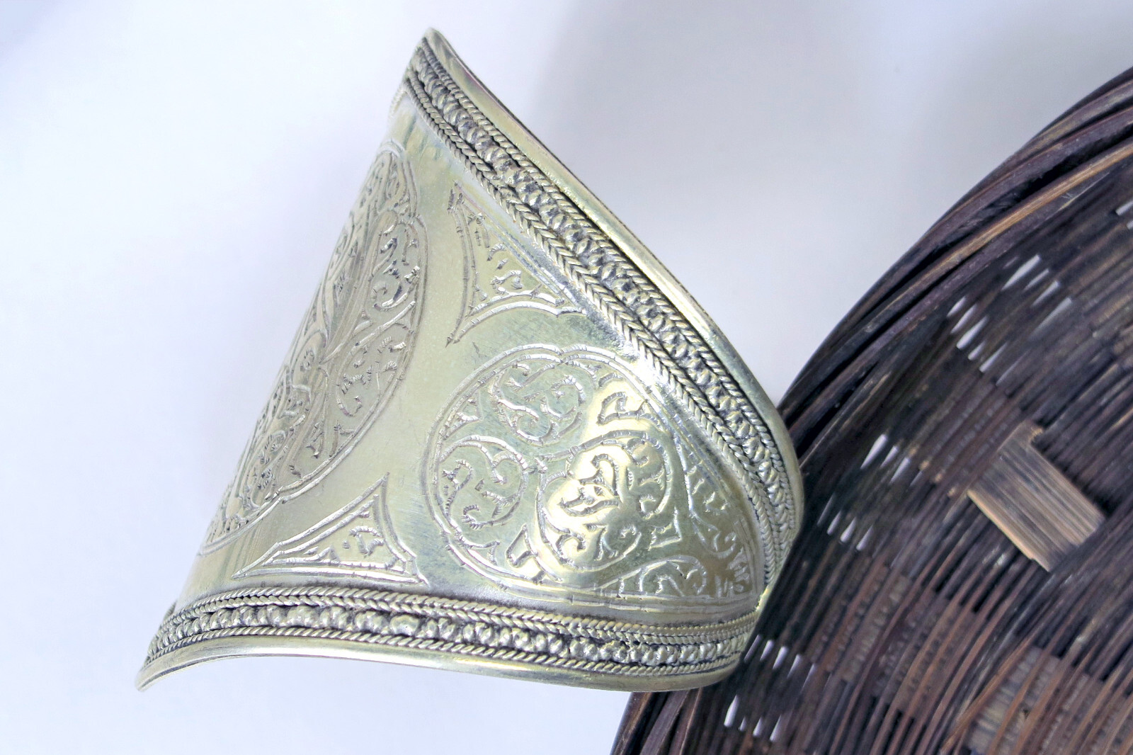 Big Ornately-Engraved Afghan Cuff Bracelet – Handmade Silver Plated #4720