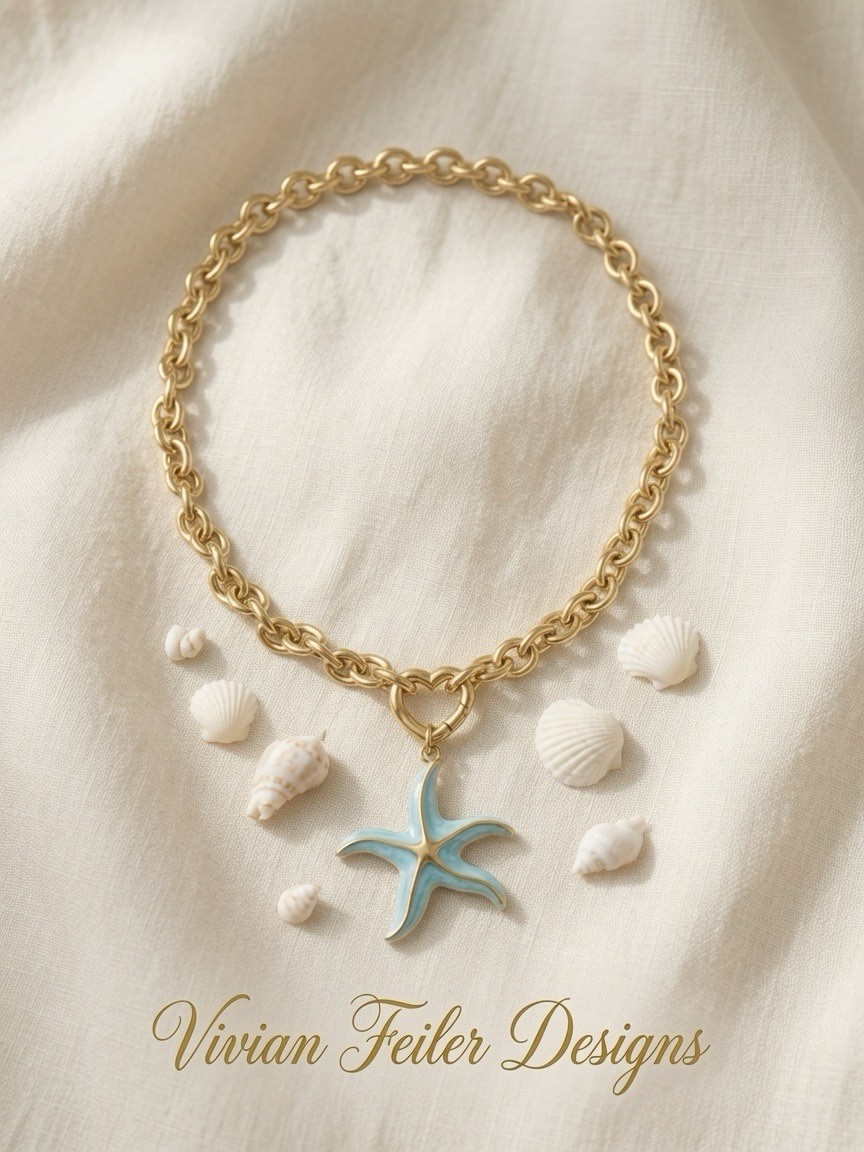 Starfish Necklace Choker Gold Light Blue Enamel Stainless Steel Beach Summer