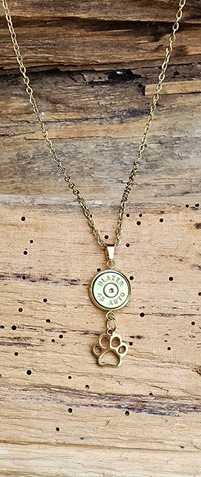 Gold Stainless Steel Bullet Necklace with Puppy Paw Charms. Optional Color.