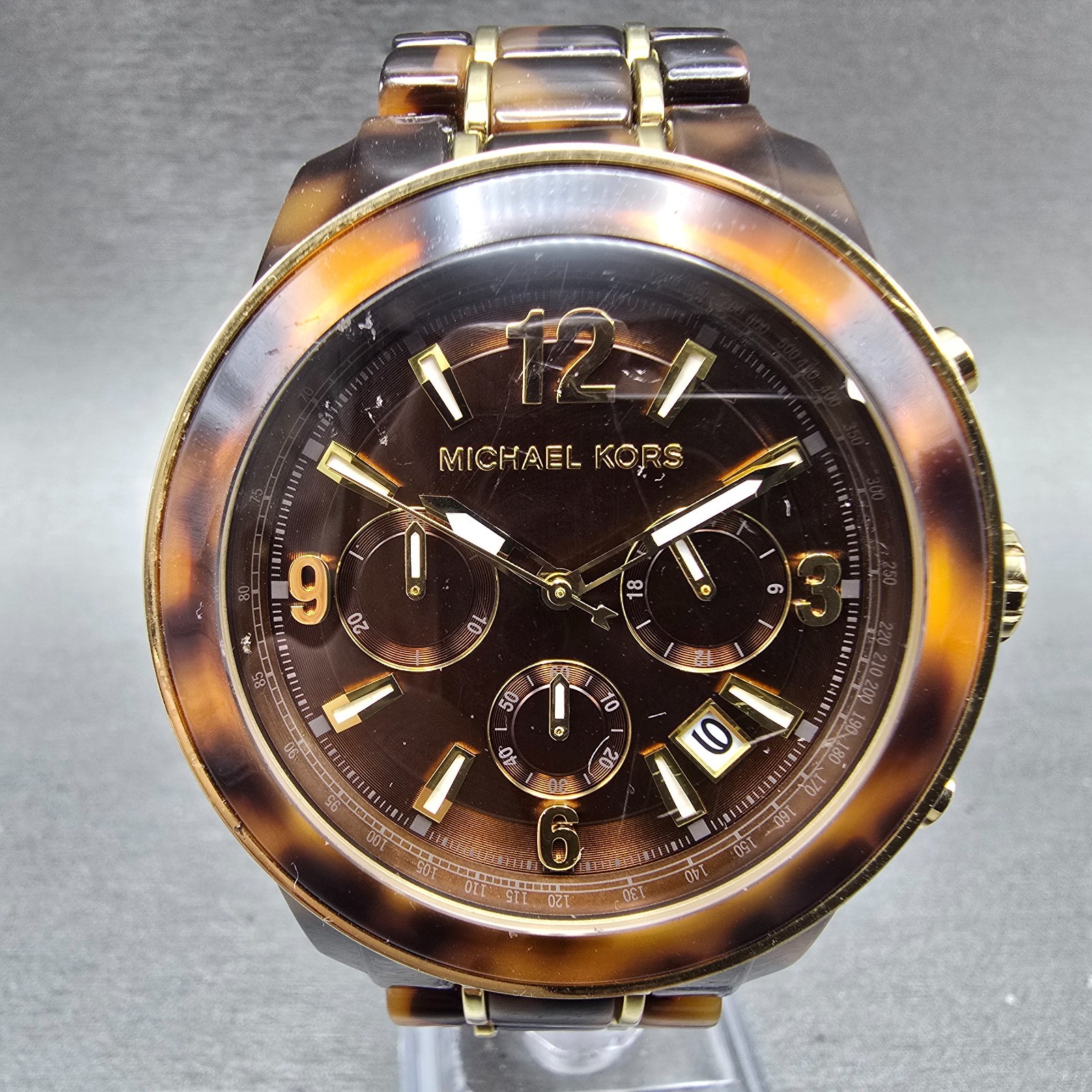 Michael Kors Chronograph Watch Women 43mm Brown Dial Brown Tone MK-5805 New Batt