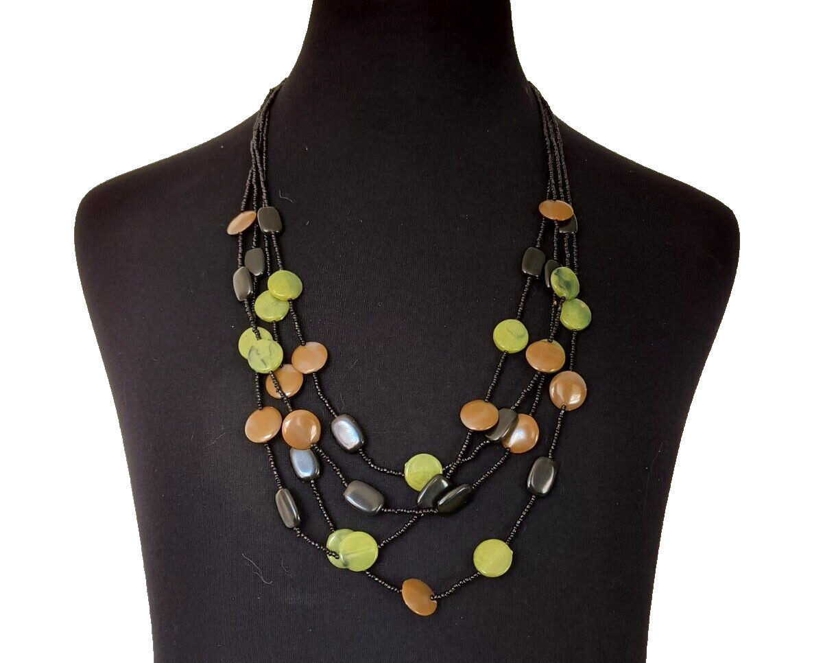 Women’s Necklace Beaded Multistrand Black Brown Green Black Discs Vintage