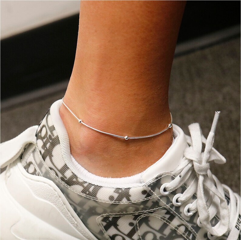 Italian 925 Sterling Silver 1MM DIAMOND CUT Beaded Snake Anklet Chain 9″ or 10″