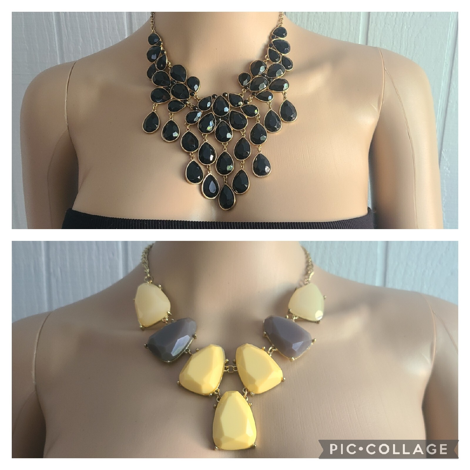 Lot of 2 Necklaces Gold Tone Statement Bib Chain Black Yellow Gray