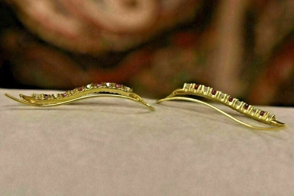 2Ct Round Simulated Ruby & Diamond Ear Cuff stud Earrings 14K Yellow Gold Plated