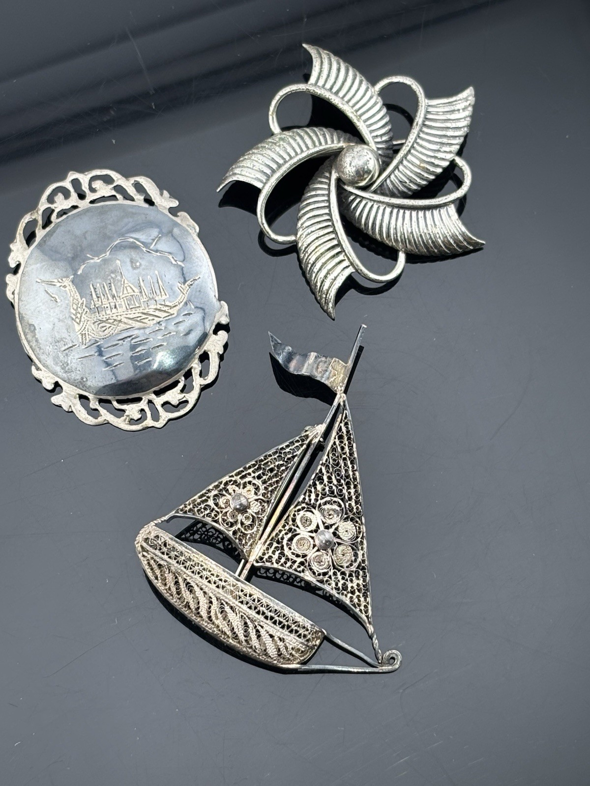 VTG Sterling Silver Brooch Lot Sailboat Dragon Boat Danecraft Pinwheel Filigree