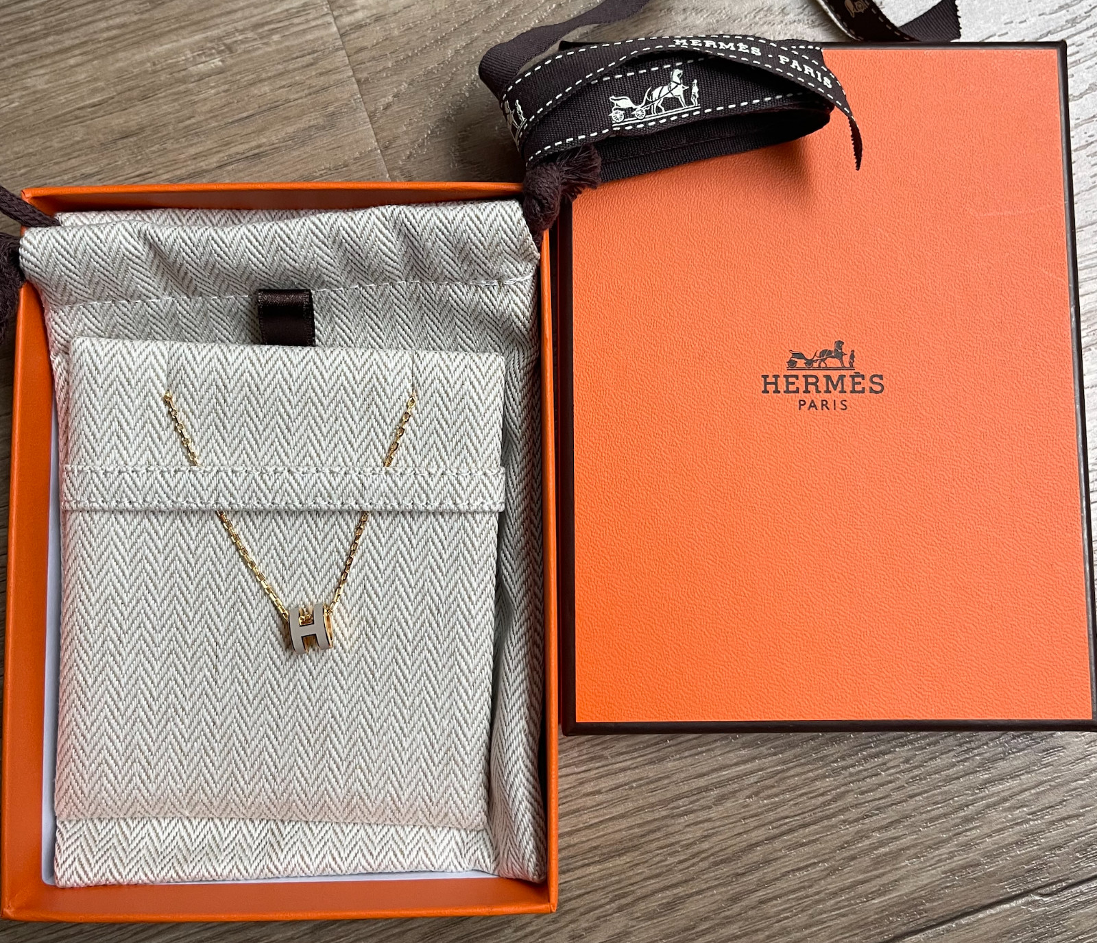 New HERMES Mini Pop H Pendant Necklace Marron Glace Gold Hardware GHW