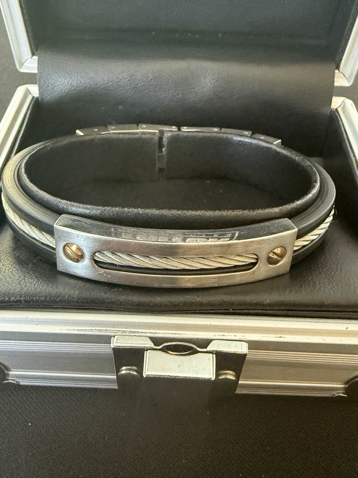 Triton Mens Bracelet Stainless Steel & Black Rubber 14K Gold Screws Cable Inlay