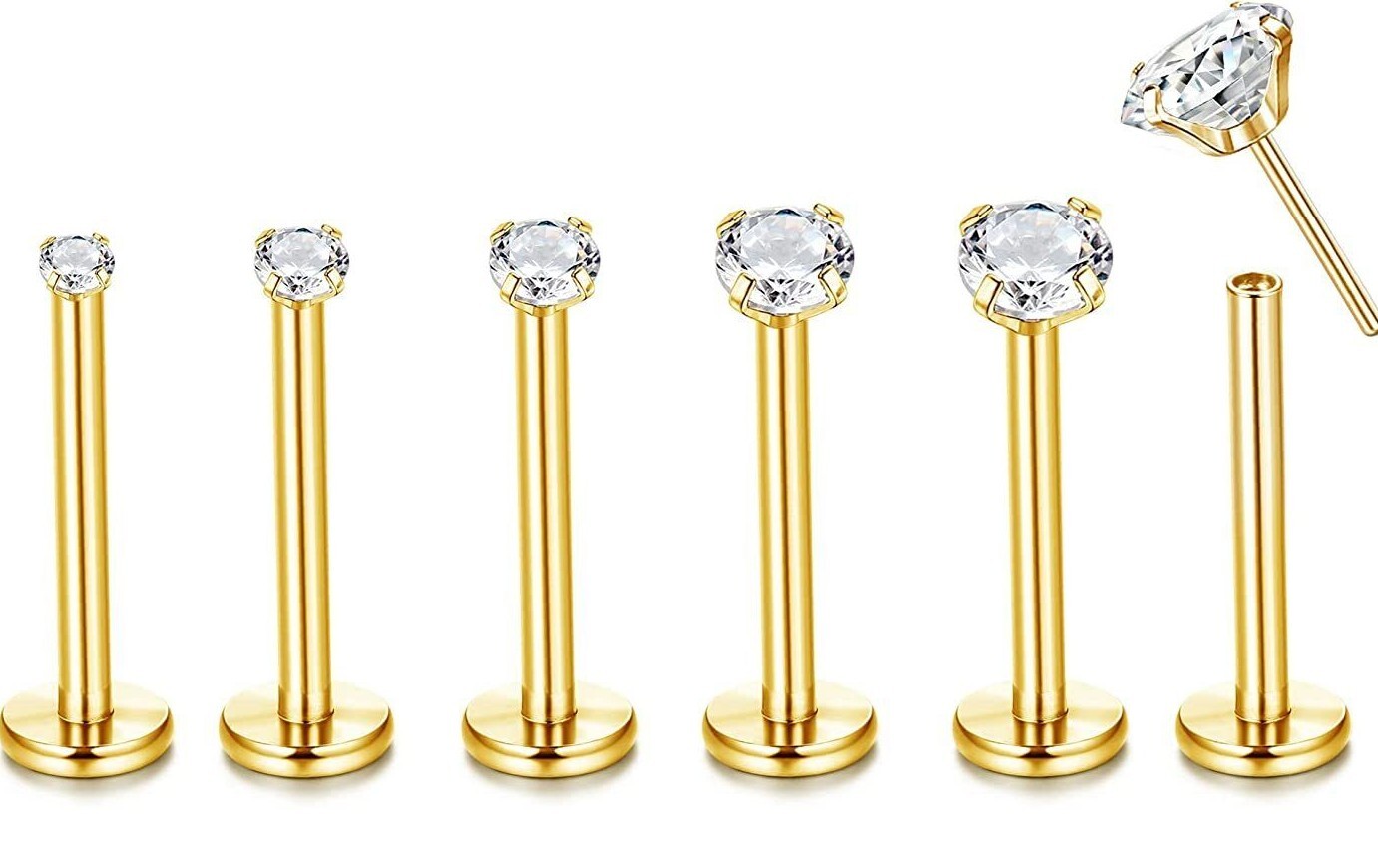 3 pc 20g 18g 16g Push Threadless Gold Steel Nose Stud Labret Tragus Lip Ear Ring