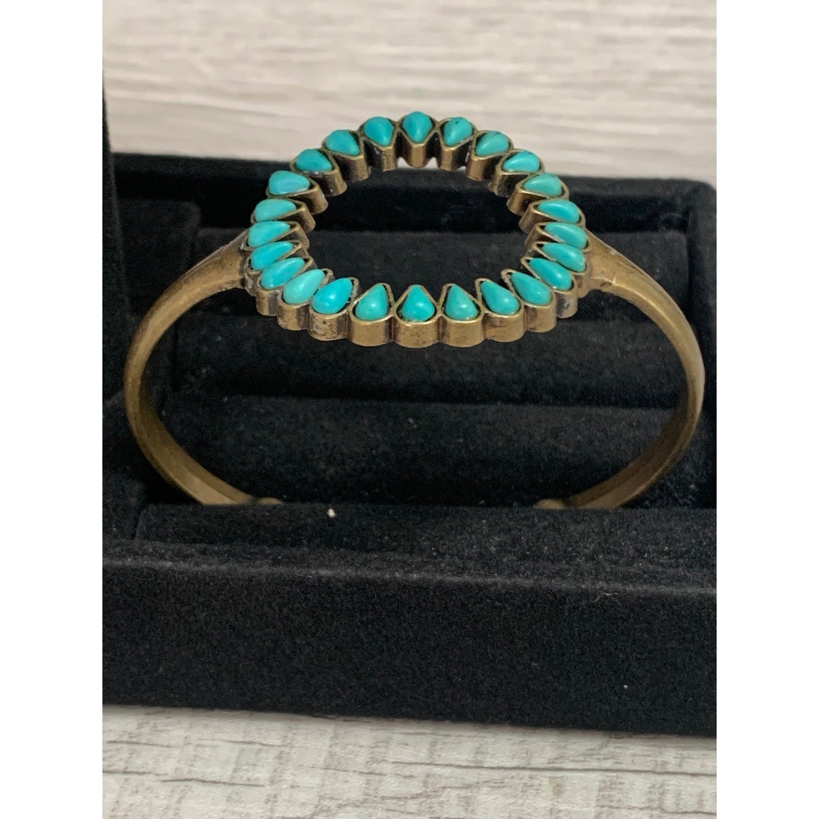Turquoise Teardrop Stone Brass Tone Open Cuff Bracelet Boho Southwestern 7in