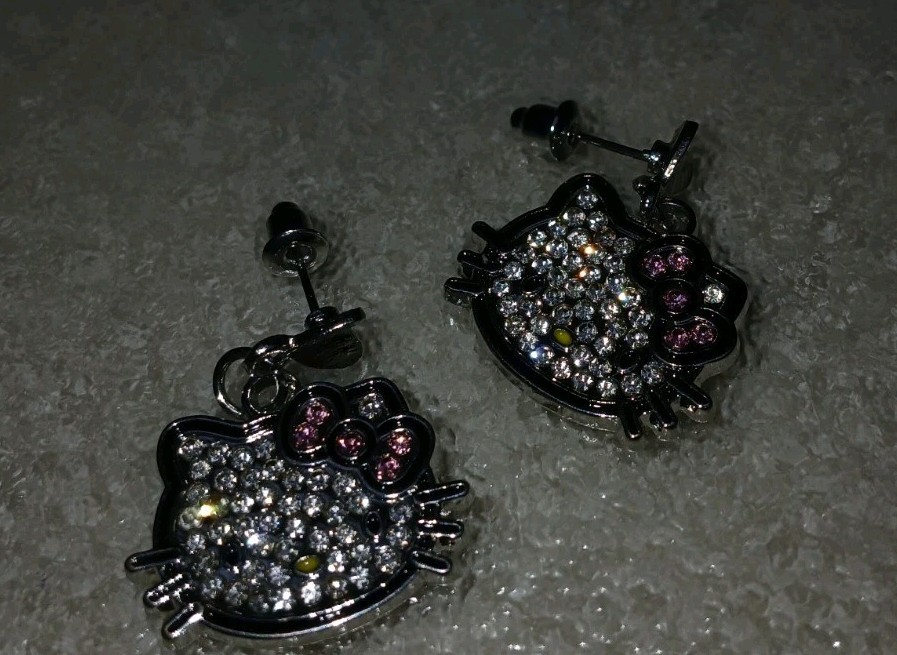 Rinestones Embellished Hello Kitty Stud Earrings, Silvertone, Dainty, Dangle