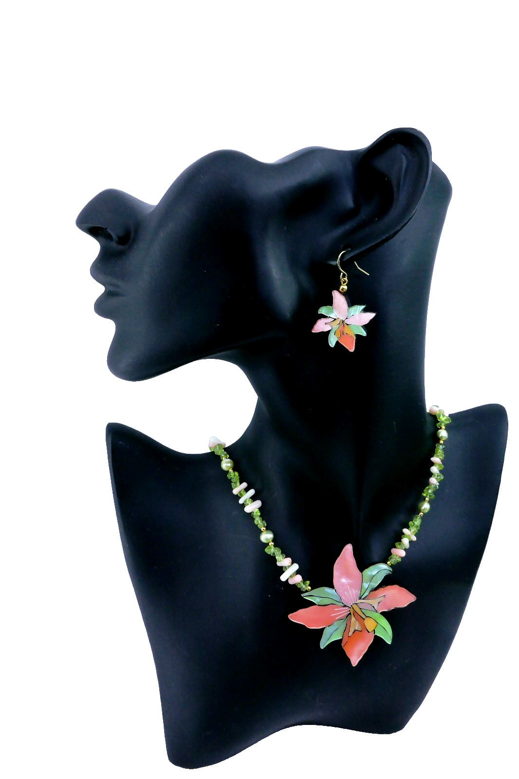LEE SANDS INLAiD ORCHiD FLOWER EARRiNGS PENDANT 18″ GEMSTONE PEARL NECKLACE SET