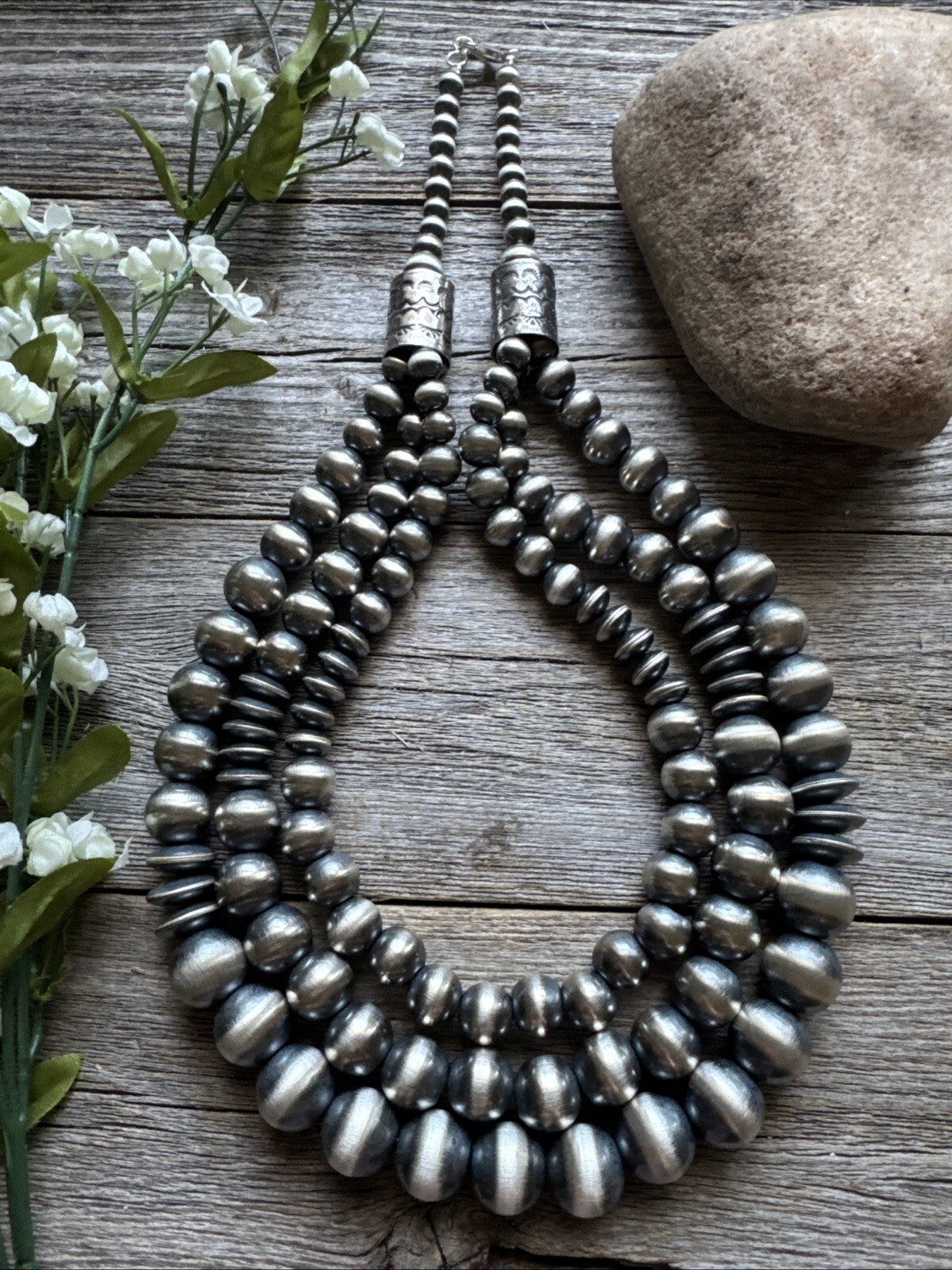 Sterling Silver Layered Multi Strand Pearls Bead Necklace 22 Inch “Navajo Style”