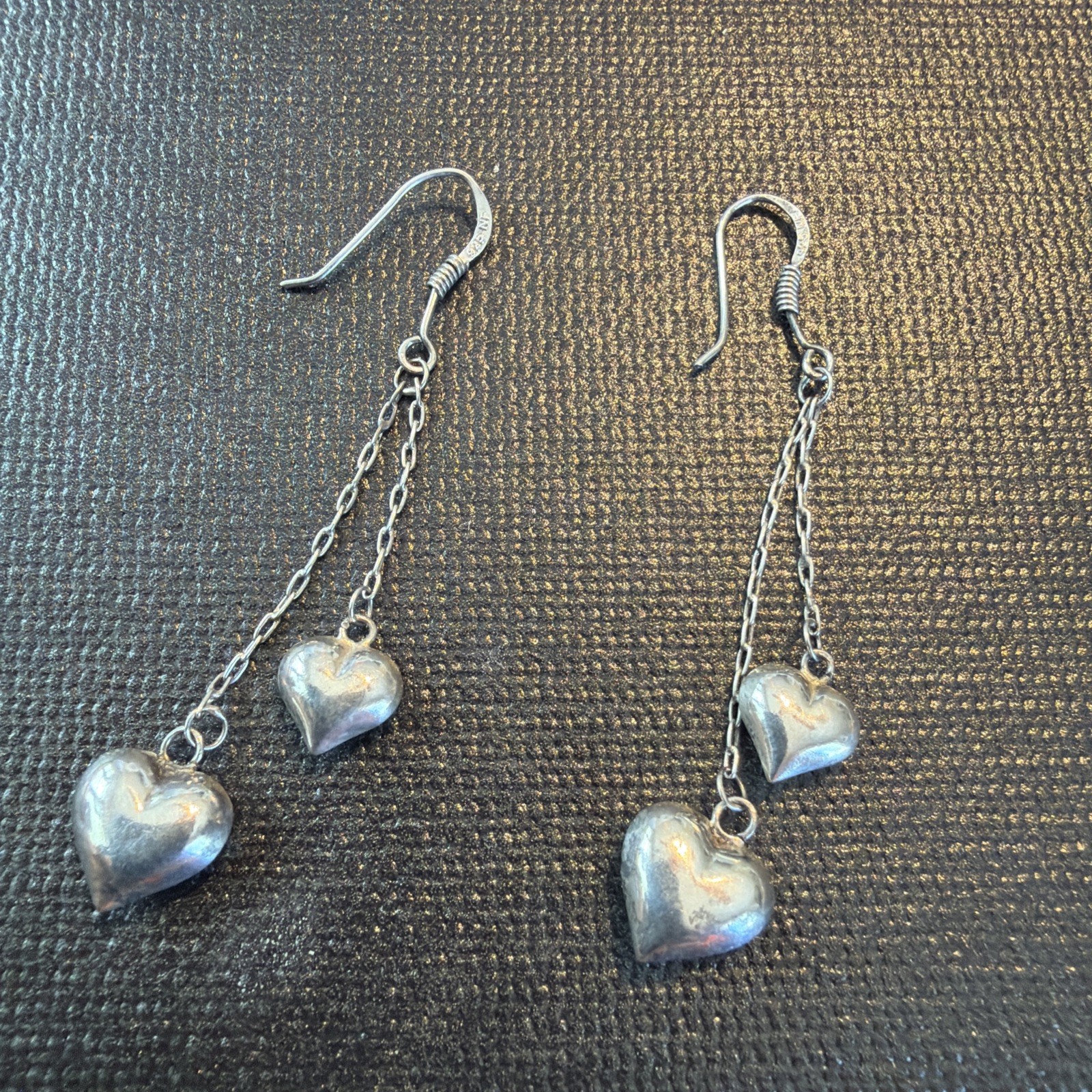 Double Hearts on Chains 925 Silver Dangle Earrings