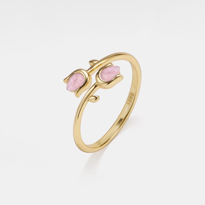 Gold Rose Quartz Tulip Flower Stacking Bypass Ring in 925 Sterling Silver