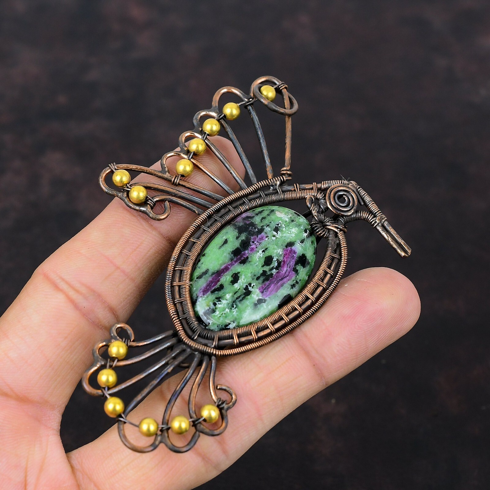 Ruby Zoisite Wire Wrapped Bird Pendant Handcrafted Copper Dailywear 4.17″
