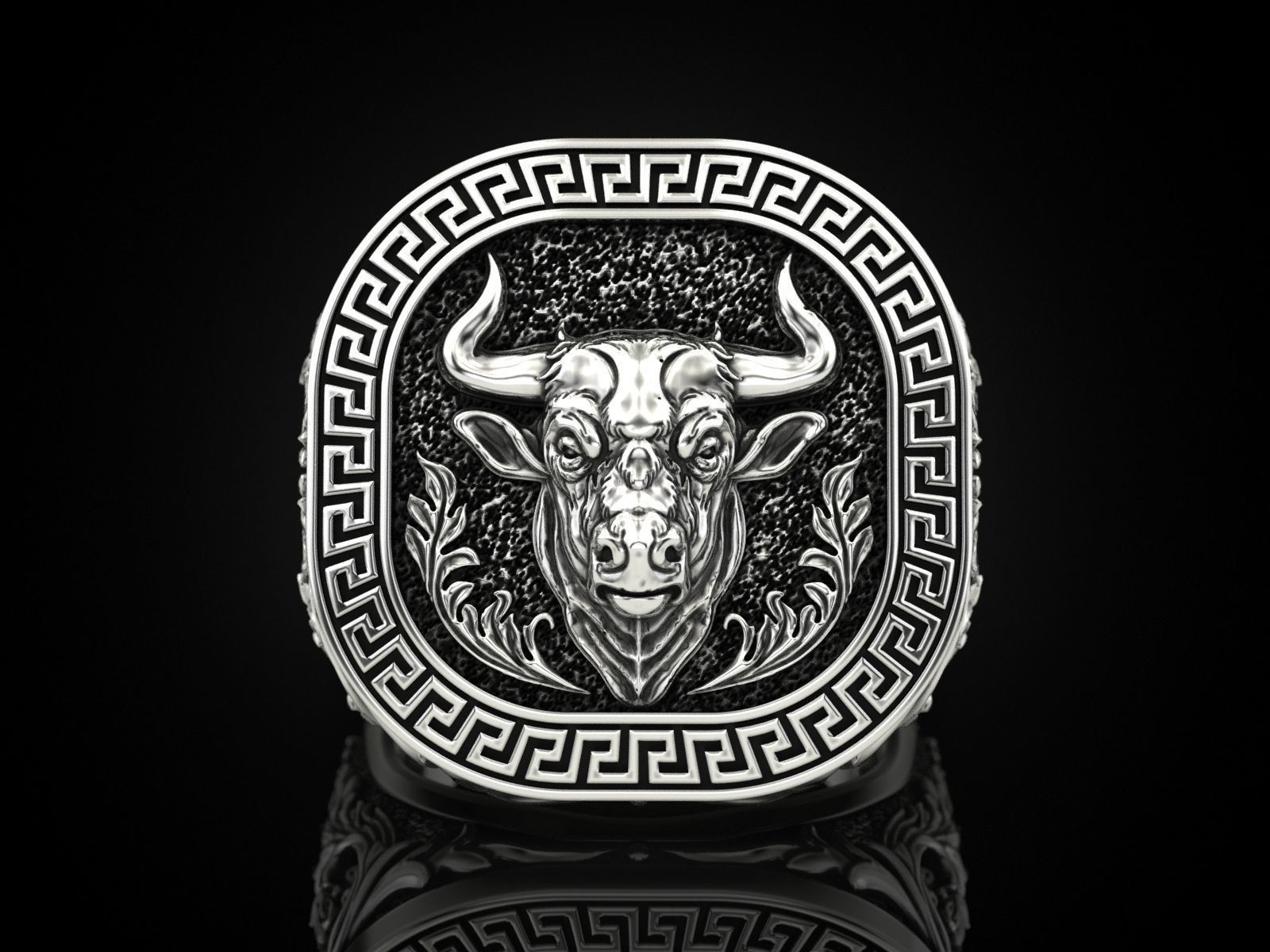 Oxidized Men’s Greek Ornament Pattern Bull 925 Sterling Silver Statement Rings