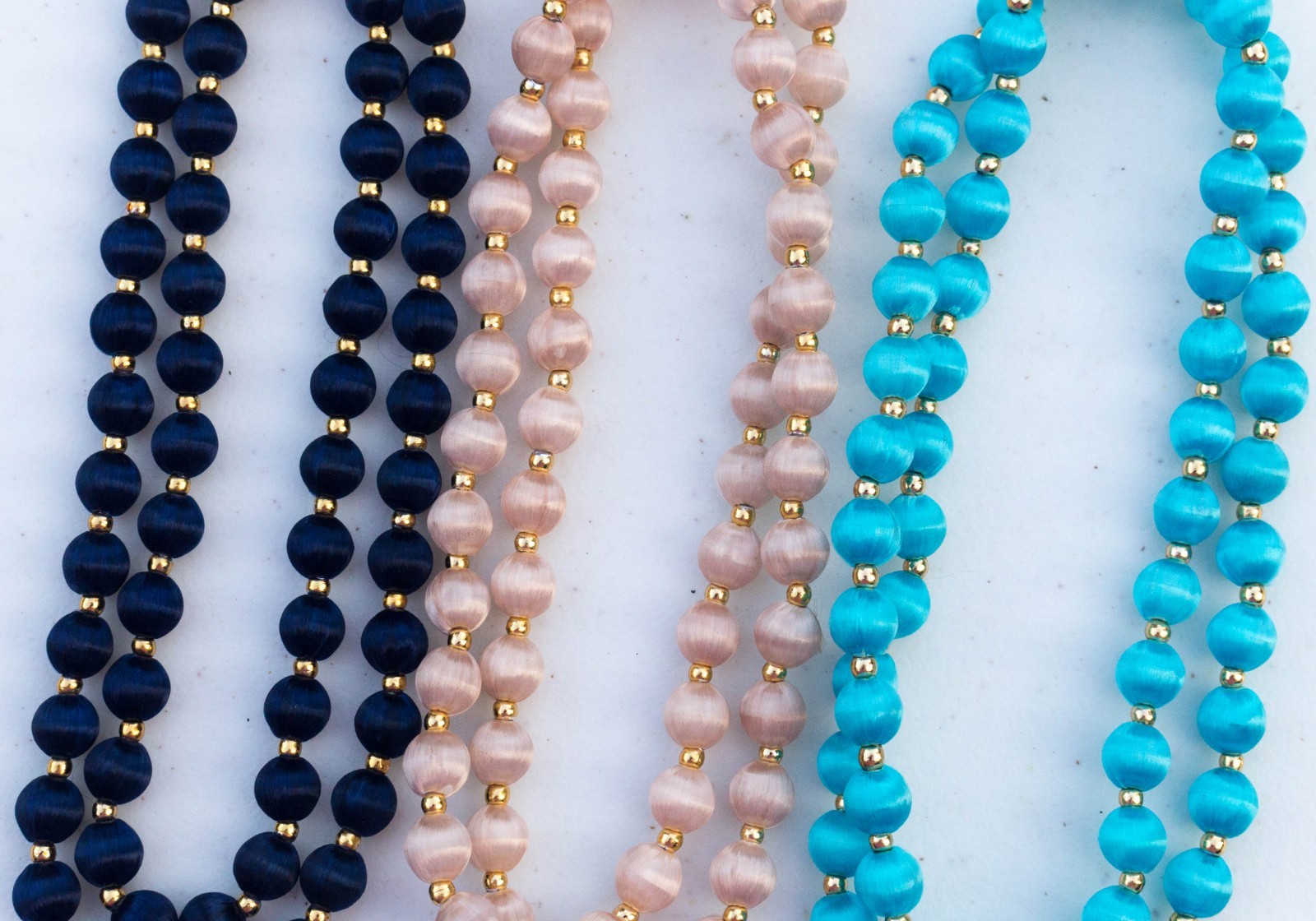 Vintage Lot of 3 Navy, Beige, and Blue Satin Bead necklaces – 25″ each