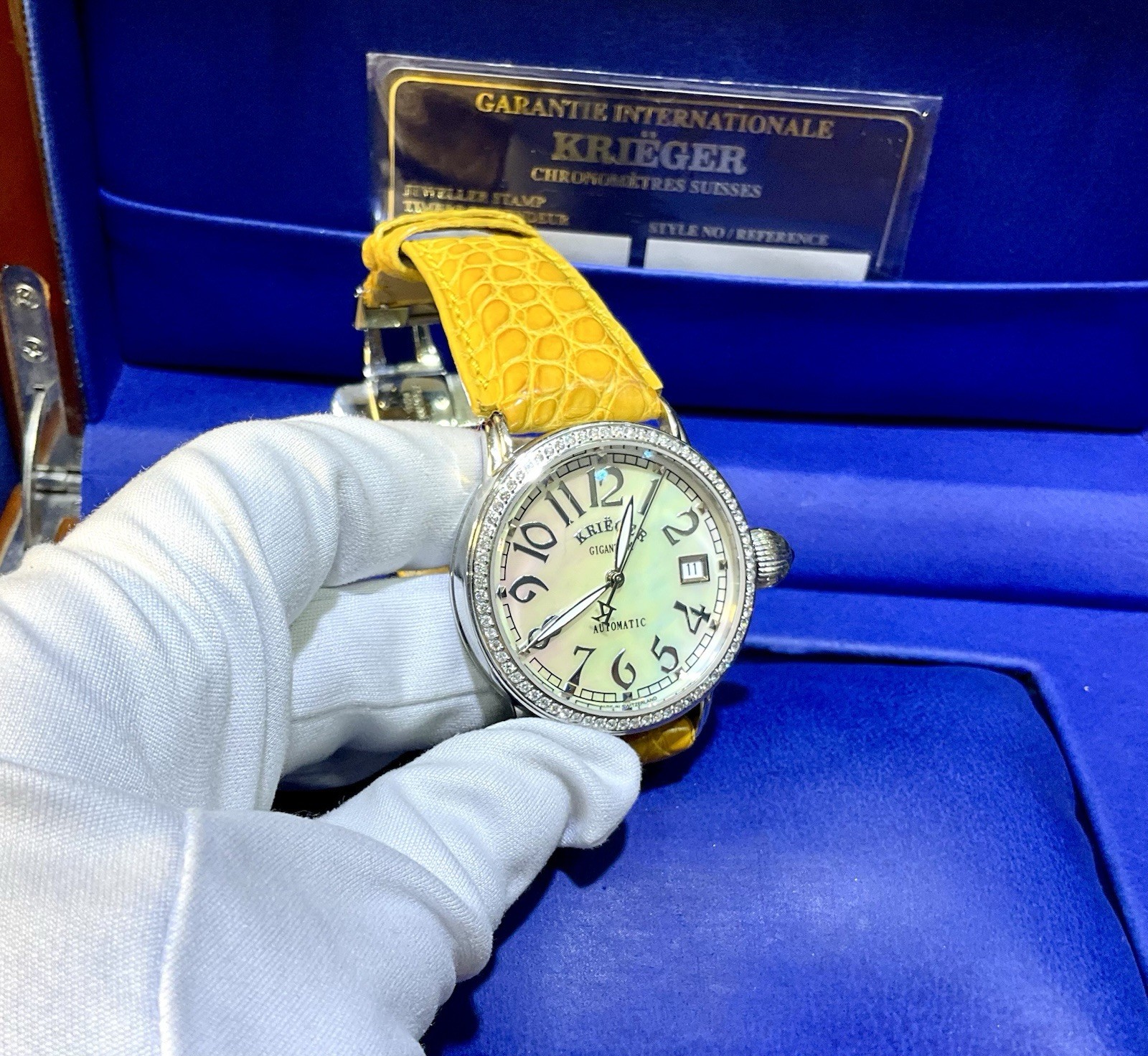 Krieger Gigantium Diamond Bezel MOP Dial Leather Strap Watch Full Set