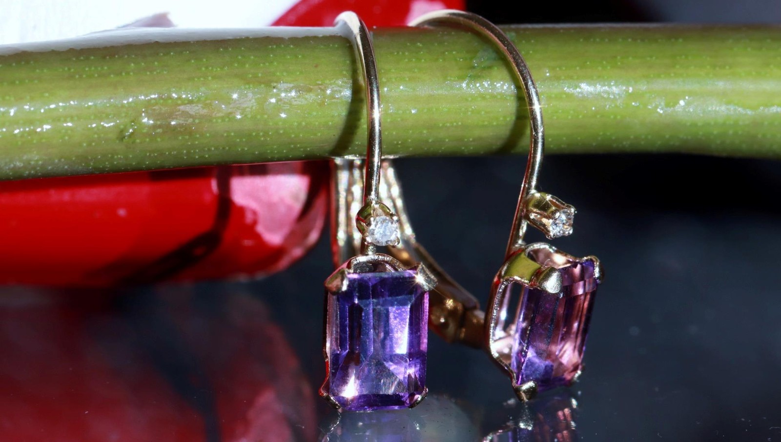 14k yellow gold earrings 0.82ct amethyst diamond 0.61″ dangle 0.91gr N3685
