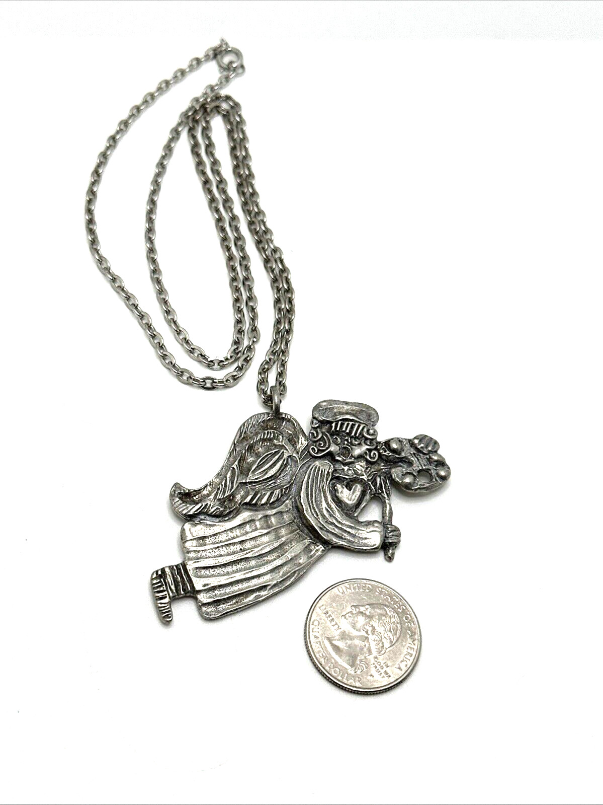 Vintage MARCIE USA Pewter Angel Pendant Necklace Artist Painting Art Palette 24″