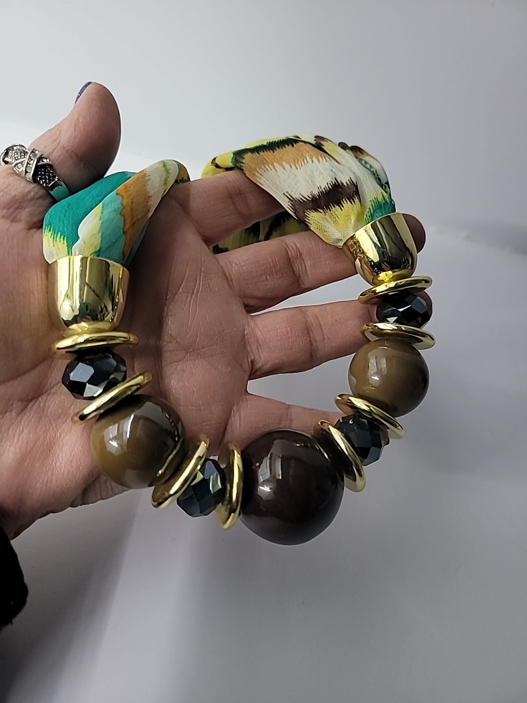 Vintage Boho Statement Necklace Fabric Beads Resin Gold Tone Boho Boutique