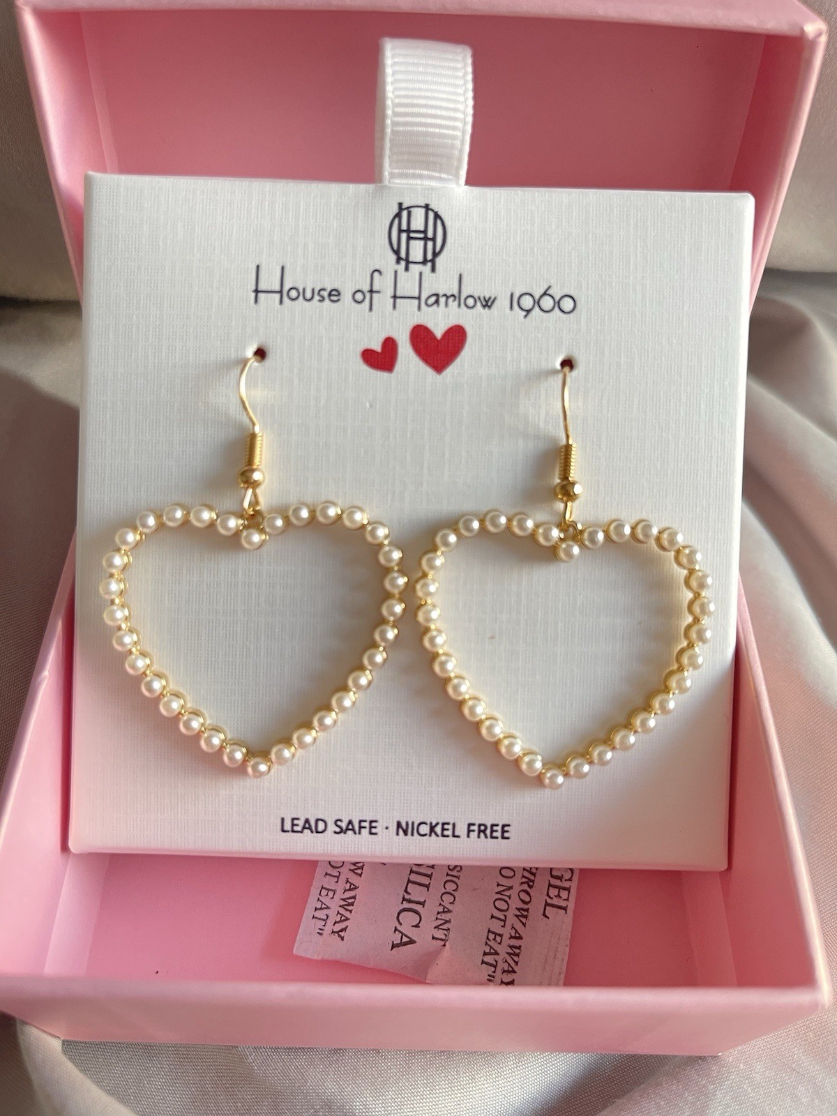 House of Harlow 1960 Heart With Pearl Drop Earrings Gold Tone New