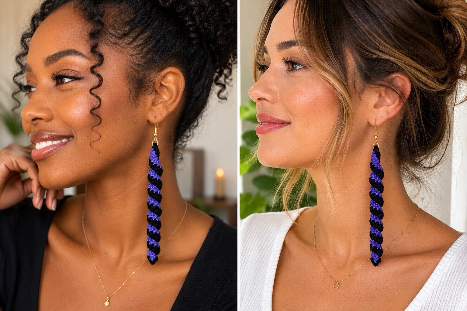 Black And Purple Crochet Spiral Earrings/Handmade Boho Dangling Gift Earrings