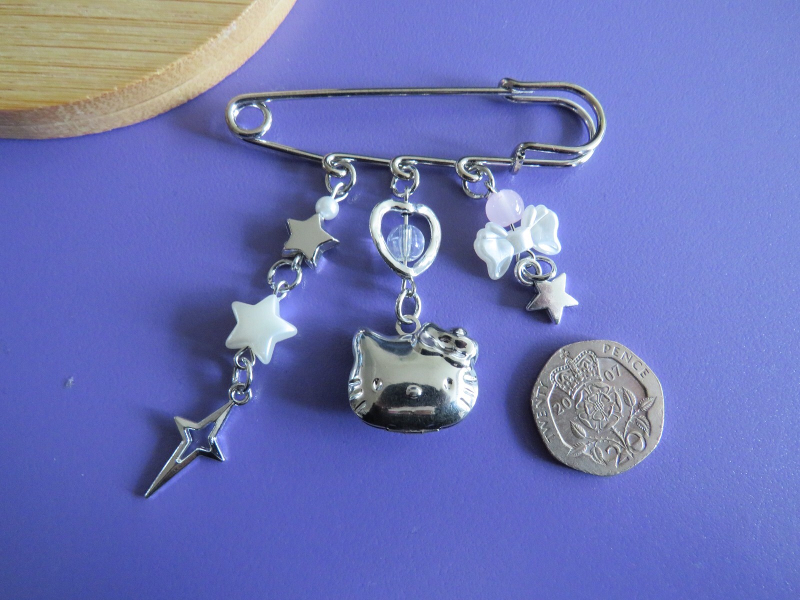 Hello Kitty Inspired Handmade Kilt Pin Locket Stars Design Silver Tone Brooch