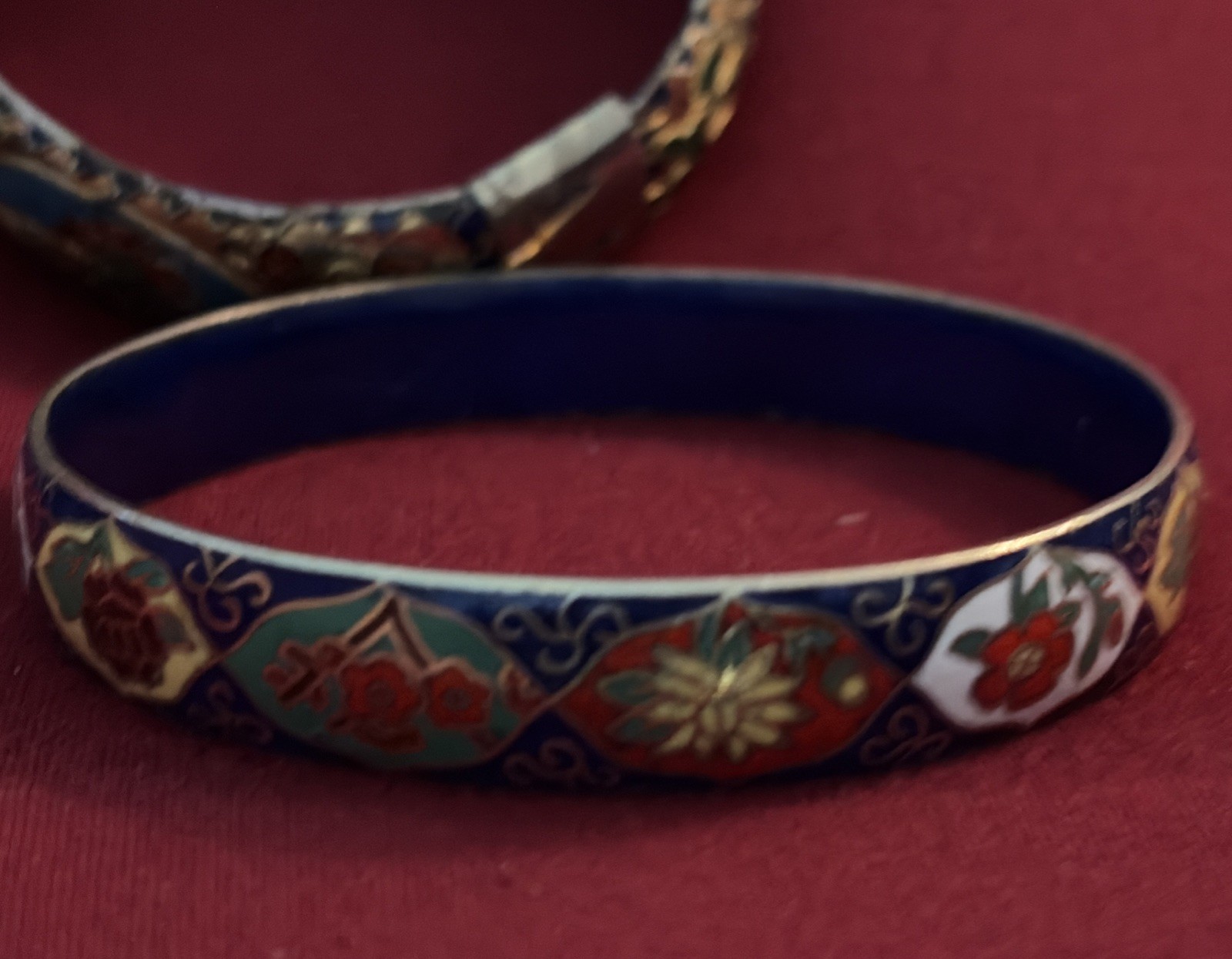 Three Vintage High End Cloisonné Bangle Bracelet One Hinged Antique