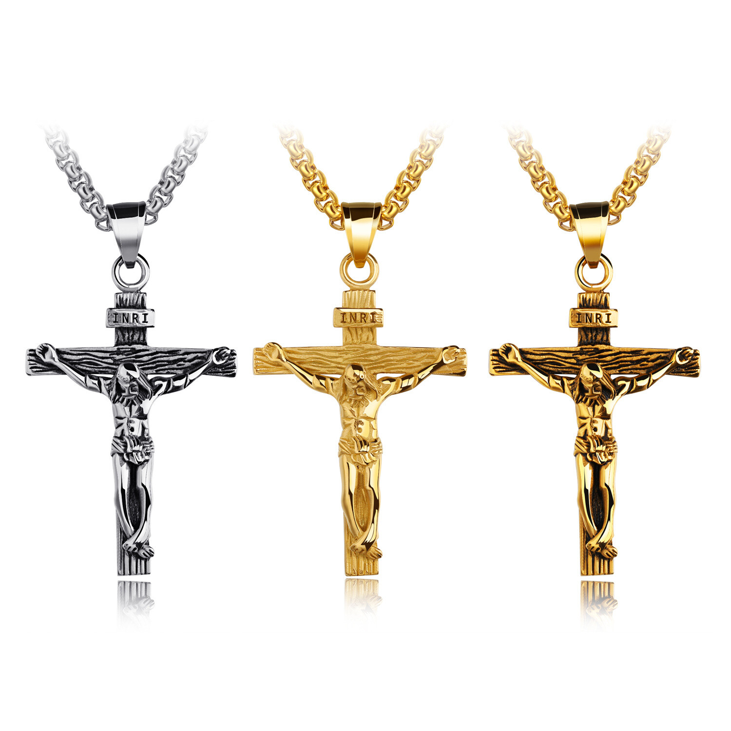 Men Stainless Steel Gold Silver Black Jesus Crucifix Pendant Chain Necklace