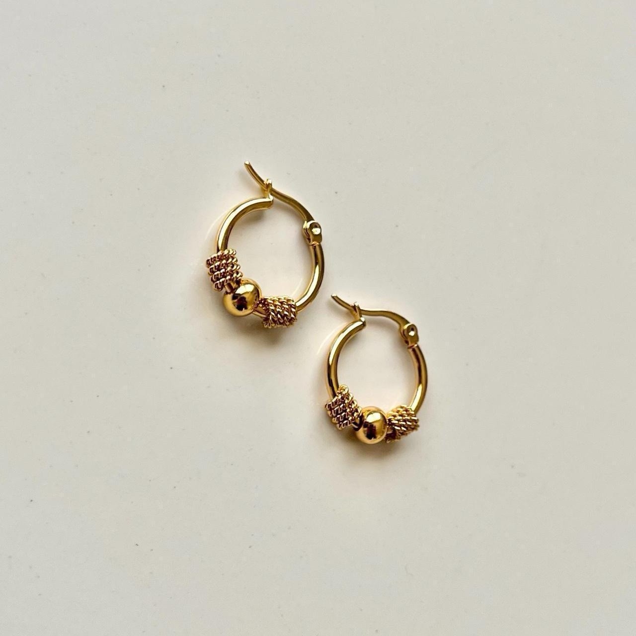 Two-Tone Gold Tone Stainless Steel Beaded Hoop Huggie Earrings Hinged Closure