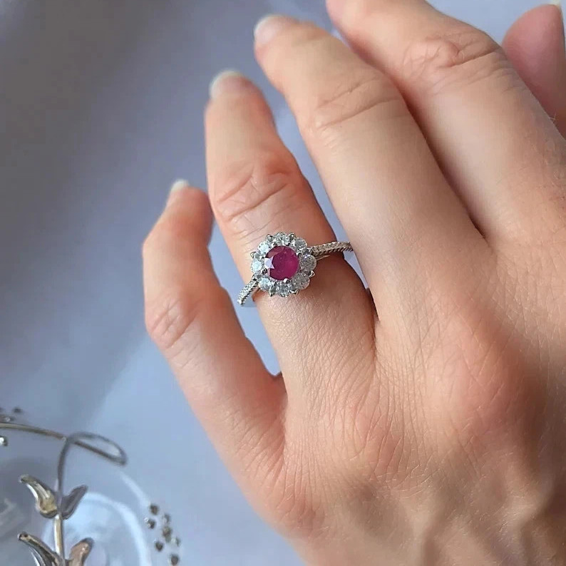 1.60 Ct Round Cut Natural Ruby & Diamond Wedding Ring Sterling Silver