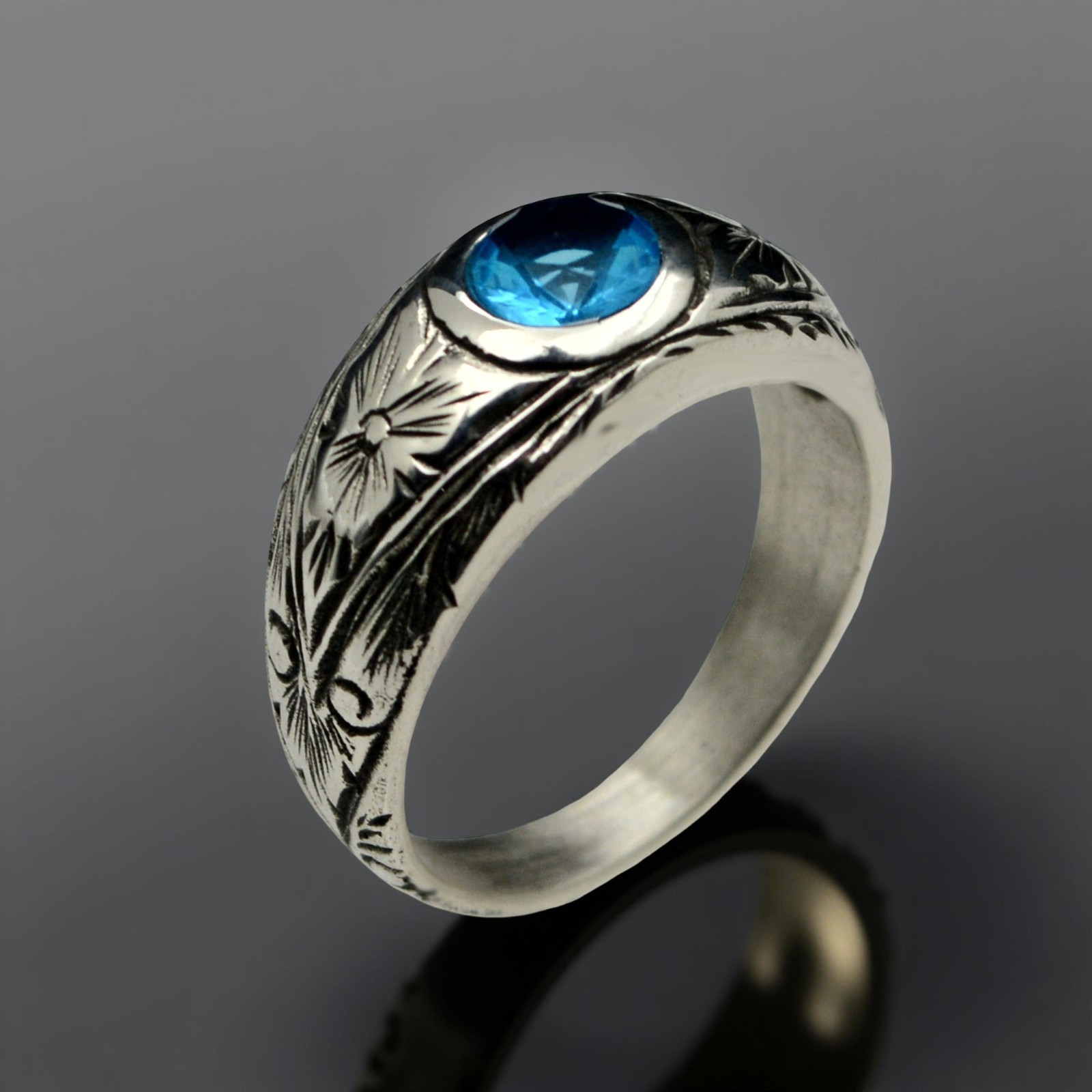 925 Sterling Silver Aquamarine Men Ring Handmade Vintage Signet Band