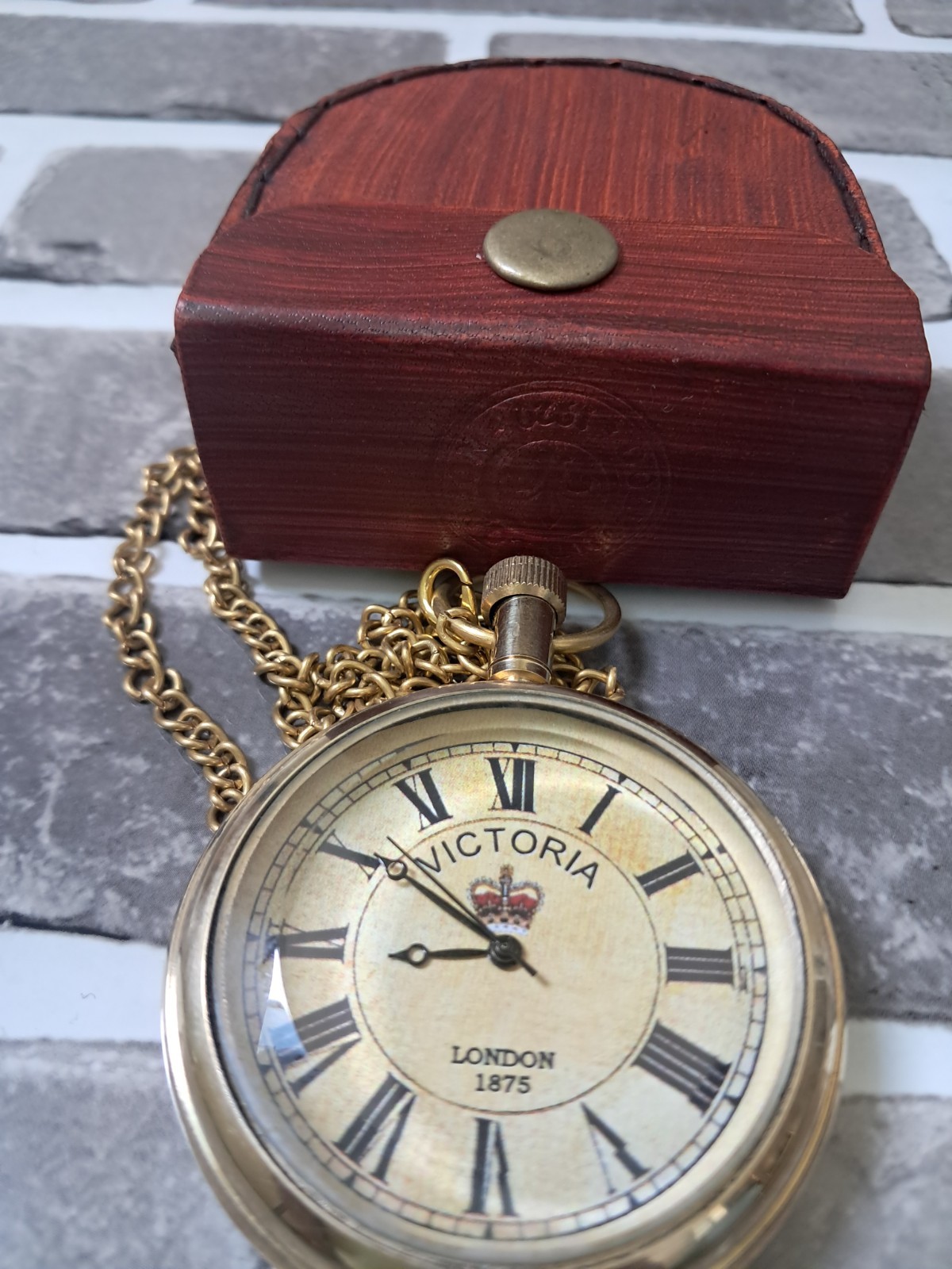 Antique Brass Pocket watch Victoria 1875 vintage with Leather Box Occasion Gift