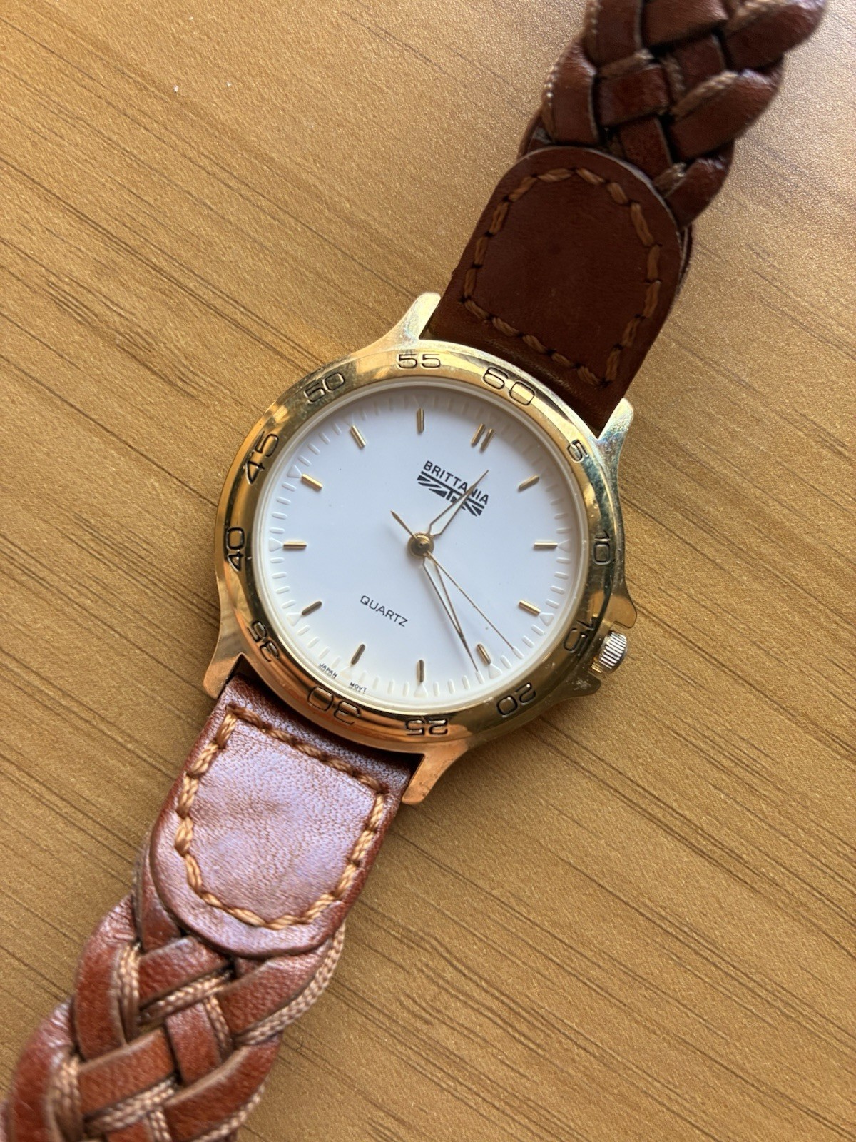 Brittania Quartz Women’s Gold-Tone Quartz Watch White Dial Brown Leather Strap