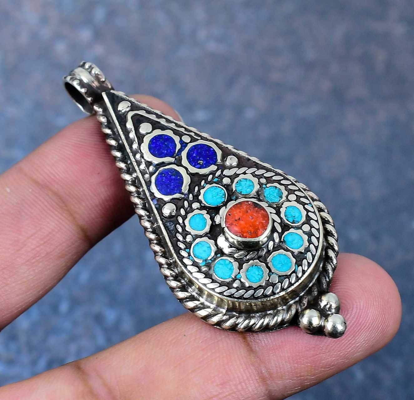 Turquoise, Coral Gemstone Handmade Jewelry 925 Sterling Silver Nepali Pendant