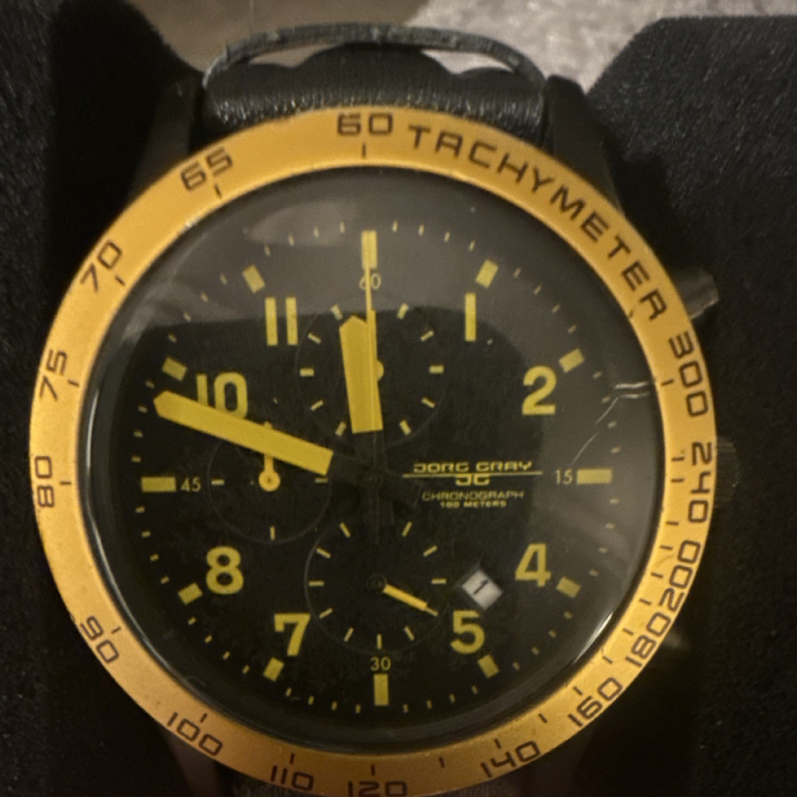 Jorg Gray Wristwatch Chronograph Black Yellow Dial Tachymeter Leather Quartz