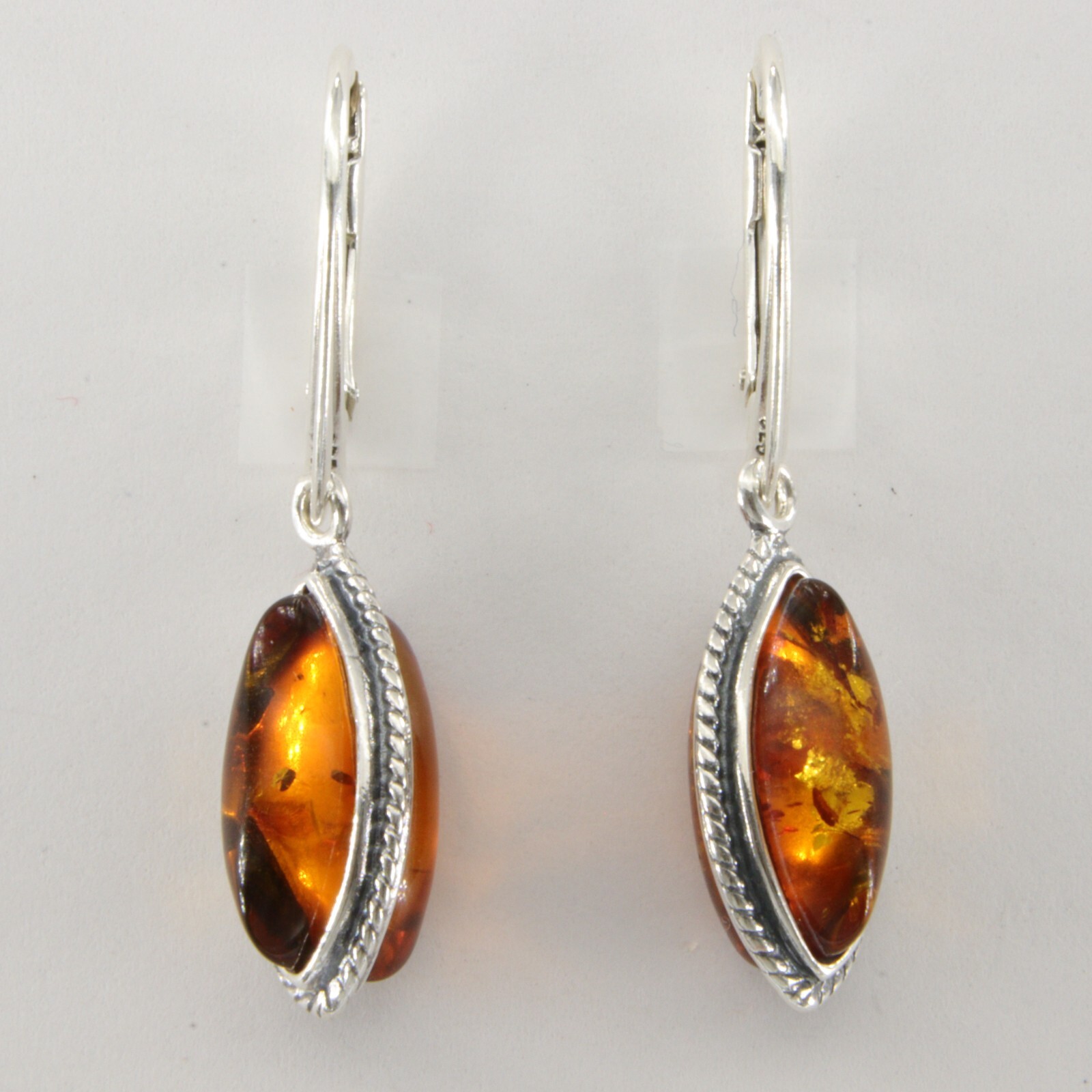 Cognac / Brown BALTIC AMBER Oval Leveback Earrings 925 STERLING SILVER #1591e